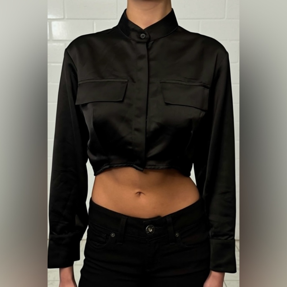 Black Satin Cropped Button-Up Shirt